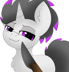 Size: 2842x3000 | Tagged: safe, artist:pegamutt, derpibooru import, oc, oc only, oc:haze rad, pony, unicorn, :3, chest fluff, commission, commissioner:biohazard, eye clipping through hair, eyebrows, eyebrows visible through hair, high res, highlights, horn, knife, knife cat, lidded eyes, looking at you, male, missing cutie mark, purple eyes, simple background, smiling, smiling at you, smug, solo, stallion, tail, transparent background, two toned mane, two toned tail, unicorn oc, ych result