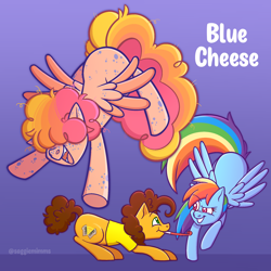 Size: 2048x2048 | Tagged: safe, artist:saggiemimms, derpibooru import, cheese sandwich, rainbow dash, oc, oc:blue cheese, earth pony, pegasus, pony, dreamworks face, eyebrows, eyebrows visible through hair, female, flying, gradient background, grin, hair over eyes, high res, looking at each other, looking at someone, male, mare, offspring, open mouth, open smile, parent:cheese sandwich, parent:rainbow dash, parents:cheesedash, pegasus oc, signature, smiling, smiling at each other, spread wings, stallion, trio, wings