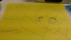 Size: 640x360 | Tagged: safe, artist:up_p_ab, derpibooru import, apple bloom, earth pony, pony, apple, female, filly, foal, food, irl, photo, sketch, traditional art