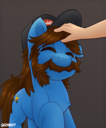 Size: 2000x2400 | Tagged: safe, artist:rivin177, derpibooru import, oc, earth pony, pony, cap, commission, facial hair, hand, hat, hooves, moustache, patting, raised hoof, raised leg, solo, your character here