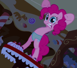 Size: 433x380 | Tagged: safe, derpibooru import, edit, edited screencap, screencap, pinkie pie, earth pony, pony, bridle gossip, season 1, bipedal, clothes, cupcake, female, food, gritted teeth, mare, sugarcube corner, table, teeth, underwear