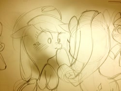 Size: 1024x768 | Tagged: safe, artist:aruurara, derpibooru import, applejack, rarity, earth pony, pony, blushing, boop, butt, female, mare, monochrome, plot, sketch, traditional art