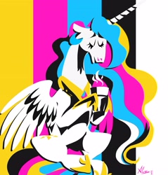 Size: 3468x3621 | Tagged: safe, artist:alumx, derpibooru import, princess celestia, alicorn, pony, cmyk, coffee cup, colored, cup, eyes closed, female, flat colors, hoof hold, limited palette, mare, sitting, solo