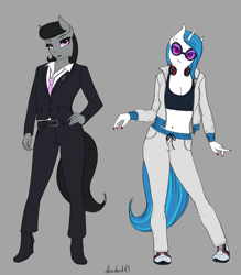 Size: 2540x2900 | Tagged: safe, artist:apocheck13, derpibooru import, dj pon-3, octavia melody, vinyl scratch, anthro, earth pony, plantigrade anthro, unicorn, boots, clothes, duo, female, gray background, headphones, high heel boots, high heels, jacket, looking at you, mare, midriff, necktie, open clothes, open jacket, pants, shoes, simple background, sneakers, suit, tanktop