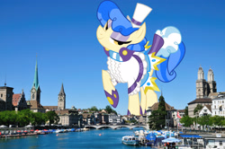Size: 4095x2720 | Tagged: safe, artist:dashiesparkle, artist:thegiantponyfan, derpibooru import, sapphire shores, earth pony, pony, female, giant pony, giant/macro earth pony, giantess, high res, highrise ponies, irl, looking at you, macro, mare, mega giant, photo, ponies in real life, raised hoof, raised leg, smiling, switzerland, zurich