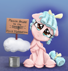 Size: 2000x2103 | Tagged: safe, artist:chopsticks, derpibooru import, cozy glow, pegasus, pony, blatant lies, bow, cheek fluff, chest fluff, cloud, cozybetes, crossed hooves, crying, cute, female, filly, foal, hair bow, head tilt, looking at you, sign, sitting, solo, tin can, unshorn fetlocks, wing hands, wings