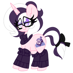 Size: 1920x1920 | Tagged: safe, artist:ladylullabystar, derpibooru import, oc, oc only, oc:lullaby star, pony, unicorn, alternate design, bow, clothes, female, glasses, horn, leg warmers, mare, scarf, simple background, smiling, solo, tail, tail bow, transparent background, two toned mane, two toned tail, unicorn oc