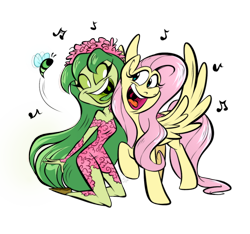 Size: 1152x1080 | Tagged: safe, artist:ggchristian, derpibooru import, fluttershy, bee, insect, pony, dryad, music notes, simple background, singing, transparent background
