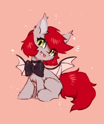 Size: 1000x1186 | Tagged: safe, artist:swaybat, derpibooru import, oc, oc only, bat pony, pony, bat pony oc, bat wings, bowtie, chest fluff, cute, eye clipping through hair, fangs, female, fluffy, happy, looking at you, mare, ocbetes, open mouth, open smile, pink background, simple background, sitting, smiling, smiling at you, solo, sparkles, spread wings, unnamed oc, wings