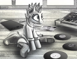 Size: 2607x2000 | Tagged: safe, artist:imadeoos, derpibooru import, oc, oc only, earth pony, pony, boots, clothes, drawing tablet, ear piercing, earring, grayscale, jewelry, monochrome, musical instrument, piano, piercing, record, shirt, shoes, sitting, solo