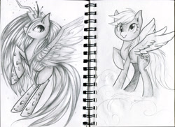 Size: 3300x2403 | Tagged: safe, artist:vardastouch, derpibooru import, derpy hooves, queen chrysalis, changeling, changeling queen, pegasus, pony, female, grayscale, high res, mare, monochrome, spread wings, traditional art, wings