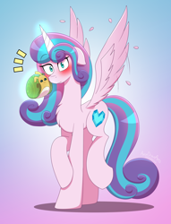 Size: 4500x5900 | Tagged: safe, artist:aarondrawsarts, derpibooru import, princess flurry heart, whammy, alicorn, adult flurry heart, blushing, commission, commissioner:reversalmushroom, embarrassed, female, looking at you, plushie, snail, spread wings, wings