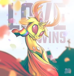 Size: 1959x2000 | Tagged: safe, artist:draft the filmmaker, derpibooru import, thorax, changedling, changeling, flower, king thorax, lgbt, looking at you, male, mouth hold, mouthpiece, my little pony, pride, pride flag, pride month, signature, smiling, smiling at you, solo, text