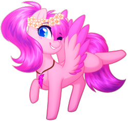 Size: 2149x2041 | Tagged: safe, artist:purplegrim40, derpibooru import, oc, oc only, pegasus, pony, colored wings, female, floral head wreath, flower, grin, jewelry, mare, necklace, one eye closed, pegasus oc, raised hoof, raised leg, simple background, smiling, solo, transparent background, two toned wings, wings, wink