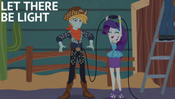 Size: 1280x720 | Tagged: safe, derpibooru import, edit, edited screencap, editor:quoterific, screencap, rarity, better together, equestria girls, rollercoaster of friendship, boots, bracelet, cable, cactus, clothes, cowboy boots, cowboy hat, cute, cutie mark on clothes, duo focus, eyes closed, eyeshadow, female, fence, geode of shielding, grin, hairpin, hat, high heels, jewelry, ladder, magical geodes, makeup, male, offscreen character, open mouth, open smile, raribetes, rarity peplum dress, scarf, shoes, smiling, text, trio