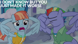 Size: 1280x720 | Tagged: safe, derpibooru import, edit, edited screencap, editor:quoterific, screencap, bow hothoof, windy whistles, pegasus, pony, parental glideance, season 7, duo, eyes closed, female, male, mare, open mouth, stallion, text, wing hands, wings