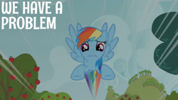 Size: 1280x720 | Tagged: safe, derpibooru import, edit, edited screencap, editor:quoterific, screencap, rainbow dash, pegasus, pony, party of one, season 1, female, flying, mare, solo, spread wings, text, tree, wings