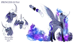 Size: 3472x2050 | Tagged: safe, artist:damayantiarts, derpibooru import, princess luna, alicorn, pony, bust, curved horn, ethereal mane, female, galaxy mane, horn, mare, redesign, simple background, white background