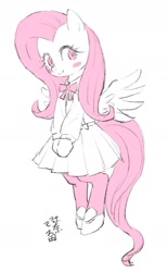 Size: 998x1608 | Tagged: safe, artist:yanamosuda, derpibooru import, fluttershy, pegasus, pony, bipedal, blouse, blushing, bow, clothes, cute, dress, female, pleated skirt, shoes, simple background, skirt, socks, solo, white background