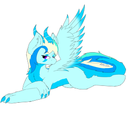 Size: 2000x1800 | Tagged: safe, artist:thekamko, derpibooru import, oc, oc only, oc:arctic plasma, dracony, dragon, hybrid, chest fluff, claws, ear fluff, ears, female, horns, lying down, paws, simple background, smiling, solo, spread wings, transparent background, wings