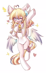 Size: 1283x2048 | Tagged: safe, artist:distant_sound_, derpibooru import, pegasus, pony, semi-anthro, blushing, bracelet, cheek fluff, clothes, cowlick, ear fluff, ears, emanata, female, floating wings, hair accessory, heart, idol, jewelry, leg band, mare, microphone, one eye closed, open mouth, open smile, simple background, singing, smiling, solo, sparkles, starry eyes, white background, wingding eyes, wings