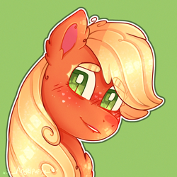 Size: 2048x2048 | Tagged: safe, artist:lulaemoon, derpibooru import, earth pony, pony, blonde, bust, eye clipping through hair, female, green background, hatless, mare, missing accessory, simple background, smiling, solo