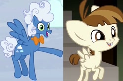 Size: 1780x1172 | Tagged: safe, derpibooru import, edit, edited screencap, screencap, featherweight, fluffy clouds, pegasus, pony, big ears, bucktooth, colt, comparison, cute, ears, flying, foal, male, smiling, spread wings, stallion, wings