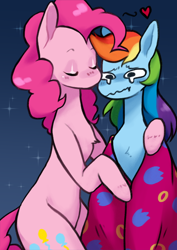 Size: 516x729 | Tagged: safe, artist:pyukumiku, derpibooru import, pinkie pie, rainbow dash, earth pony, pegasus, pony, blanket, comforting, crying, duo, eyes closed, female, heart, hug, kiss on the cheek, kissing, lesbian, pinkiedash, sad, shipping