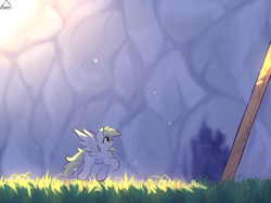 Size: 1600x1200 | Tagged: safe, artist:glazirka, derpibooru import, derpy hooves, pegasus, cave, grass, solo, stone wall, sunlight, trotting