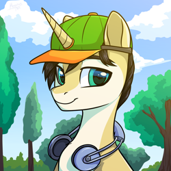 Size: 2500x2500 | Tagged: safe, artist:megabait, derpibooru import, oc, oc only, unicorn, bust, cap, cloud, colt, commission, foal, hat, headphones, male, park, portrait, solo, tree