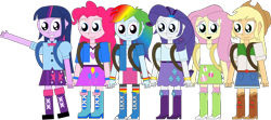 Size: 1280x566 | Tagged: safe, artist:rupahrusyaidi, derpibooru import, applejack, fluttershy, pinkie pie, rainbow dash, rarity, twilight sparkle, equestria girls, clothes, cutie mark on clothes, humane five, humane six, jetpack, simple background, transparent background