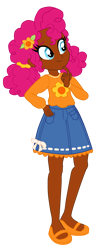 Size: 880x2048 | Tagged: safe, artist:vernorexia, derpibooru import, part of a series, part of a set, orange blossom, pinkie pie, equestria girls, afro, afro puffs, bow, clothes, cosplay, costume, crossover, curly hair, denim skirt, flower, flower in hair, hair bun, human coloration, mary janes, orange blossom (strawberry shortcake), orange shirt, pink hair, scrunchie, shoes, simple background, skirt, solo, strawberry shortcake, sweatshirt, transparent background