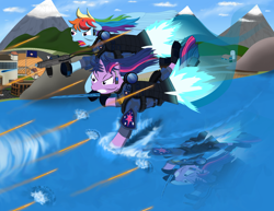 Size: 2784x2153 | Tagged: safe, artist:flintexp, derpibooru import, rainbow dash, twilight sparkle, pegasus, unicorn, flying, jetpack