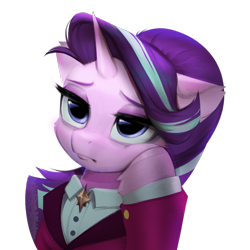 Size: 1000x1000 | Tagged: safe, artist:vensual99, derpibooru import, starlight glimmer, pony, unicorn, collaboration, bored, bust, collaboration:choose your starlight, eyebrows, female, frown, headmare starlight, hoof on cheek, mare, simple background, solo, tired, transparent background