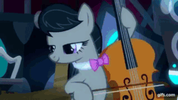 Size: 640x360 | Tagged: safe, derpibooru import, screencap, dj pon-3, octavia melody, vinyl scratch, earth pony, pony, unicorn, animated, bipedal, bow (instrument), cello, cello bow, disc jockey, dj pon 3 vs octavia melody (rio 2011), duo, eyes closed, female, gif, gifs.com, grin, mare, musical instrument, open mouth, open smile, smiling