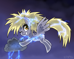 Size: 1200x960 | Tagged: safe, artist:empyu, derpibooru import, derpy hooves, pegasus, pony, cloud, cute, derpabetes, electricity, female, flying, grin, gritted teeth, hooves, lightning, mare, one eye closed, signature, smiling, solo, spread wings, tail, teeth, wings