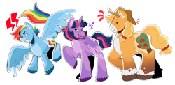 Size: 1280x626 | Tagged: safe, artist:skillbattle, derpibooru import, applejack, rainbow dash, twilight sparkle, twilight sparkle (alicorn), alicorn, earth pony, pegasus, apple, applejack's hat, clothes, cowboy hat, emanata, female, flying, food, hat, horn, mare, pale belly, raised hoof, raised leg, simple background, smiling, sparkles, spread wings, white background, wings