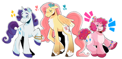 Size: 1280x626 | Tagged: safe, artist:skillbattle, derpibooru import, fluttershy, pinkie pie, rarity, butterfly, earth pony, pegasus, unicorn, emanata, female, heart, horn, mare, raised hoof, raised leg, simple background, smiling, sparkles, white background, wings