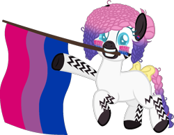 Size: 1157x897 | Tagged: safe, alternate version, artist:yeetmedownthestairs, derpibooru import, oc, oc only, oc:zuri sambo, zebra, bisexual pride flag, bow, braided tail, commission, cute, ear piercing, earring, face paint, grin, jewelry, mouth hold, piercing, pride, pride flag, pride month, raised hoof, raised leg, simple background, smiling, solo, tail, tail bow, transparent background, ych result, zebra oc
