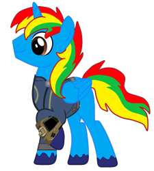 Size: 1214x1348 | Tagged: safe, artist:ponygamer2020, derpibooru import, oc, oc only, oc:shield wing, alicorn, pony, fallout equestria, absurd resolution, clothes, fallout, horn, jumpsuit, looking at you, male, pipboy, ponytail, simple background, smiling, smiling at you, solo, stallion, tail, transparent background, vault suit, vector, wings