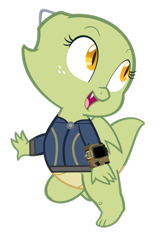 Size: 600x933 | Tagged: safe, artist:ponygamer2020, derpibooru import, oc, oc only, oc:jade, dragon, fallout equestria, absurd resolution, baby, baby dragon, clothes, fallout, female, horn, jumpsuit, looking at you, pipboy, simple background, smiling, smiling at you, solo, tail, transparent background, vault suit, vector, wings