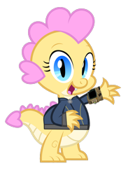 Size: 1280x1745 | Tagged: safe, artist:ponygamer2020, derpibooru import, oc, oc only, oc:buttercream, oc:buttercream the dragon, dragon, fallout equestria, absurd resolution, baby, baby dragon, clothes, fallout, female, horn, jumpsuit, looking at you, pipboy, simple background, smiling, smiling at you, solo, tail, transparent background, vault suit, vector, waving, waving at you, wings