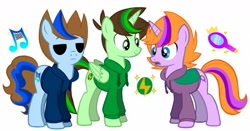 Size: 1378x720 | Tagged: safe, artist:tom-x-dajimi, derpibooru import, alicorn, earth pony, pony, unicorn, clothes, crossover, edd gould (eddsworld), eddsworld, electricity, hoodie, horn, magnifying glass, matt (eddsworld), music notes, ponified, simple background, smiling, tom (eddsworld), white background, wings