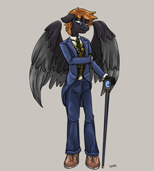 Size: 5955x6613 | Tagged: safe, artist:ghouleh, derpibooru import, oc, oc only, oc:preening oil, anthro, pegasus, absurd resolution, anthro oc, cane, clothes, frown, glasses, gray background, grumpy, male, necktie, pegasus oc, shoes, signature, simple background, solo, stallion, suit, vest, wings
