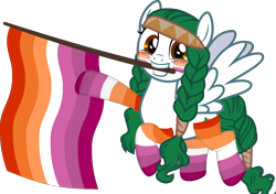 Size: 1262x887 | Tagged: safe, alternate version, artist:yeetmedownthestairs, derpibooru import, oc, oc only, oc:olivia leaf, pegasus, pony, braid, braided tail, clothes, cute, face paint, female, flag, freckles, grin, headband, lesbian pride flag, mare, mouth hold, pride, pride flag, pride month, simple background, smiling, socks, solo, striped socks, tail, transparent background