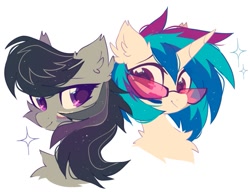 Size: 1017x782 | Tagged: safe, artist:mirtash, derpibooru import, dj pon-3, octavia melody, vinyl scratch, earth pony, pony, unicorn, asexual pride flag, bisexual pride flag, chest fluff, cute, duo, ear fluff, ears, face paint, female, lesbian, mare, pride, pride flag, pride month, scratchtavia, shipping, simple background, tavibetes, vinyl's glasses, vinylbetes, white background