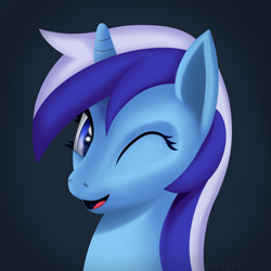 Size: 2480x2480 | Tagged: safe, artist:syntriax, derpibooru import, minuette, pony, unicorn, bust, looking at you, multicolored hair, one eye closed, open mouth, portrait, wink, winking at you