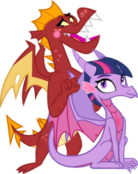 Size: 1280x1617 | Tagged: safe, artist:ponygamer2020, derpibooru import, garble, twilight sparkle, dragon, behaving like a bird, blushing, colored wings, cute, dragon wings, dragoness, dragonified, duo, duo male and female, ear fluff, ears, embarrassed, eyebrows, female, freckles, gardorable, hair, horn, looking at you, male, massage, multicolored wings, open mouth, open smile, simple background, sitting, smiling, smiling at you, species swap, transparent background, twiabetes, twilidragon, vector, wings