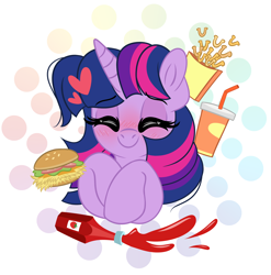 Size: 2022x2048 | Tagged: safe, artist:emberslament, edit, editor:unofficial edits thread, twilight sparkle, unicorn twilight, pony, unicorn, adorkable, blushing, burger, cute, dork, eyes closed, female, food, french fries, happy, hay burger, heart, ketchup, mare, onion horseshoes, smiling, soda, that pony sure does love burgers, twilight burgkle