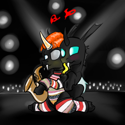 Size: 3000x3000 | Tagged: safe, artist:fumalunga, derpibooru import, oc, oc only, oc:coxa, oc:mimesis, changeling, anisocoria, blushing, changeling oc, clothes, david bowie, fangs, gay, glowing, glowing tongue, heart, hug, looking at each other, looking at someone, male, musical instrument, no source available, red changeling, saxophone, spandex, stage, tongue, tongue out, wig
